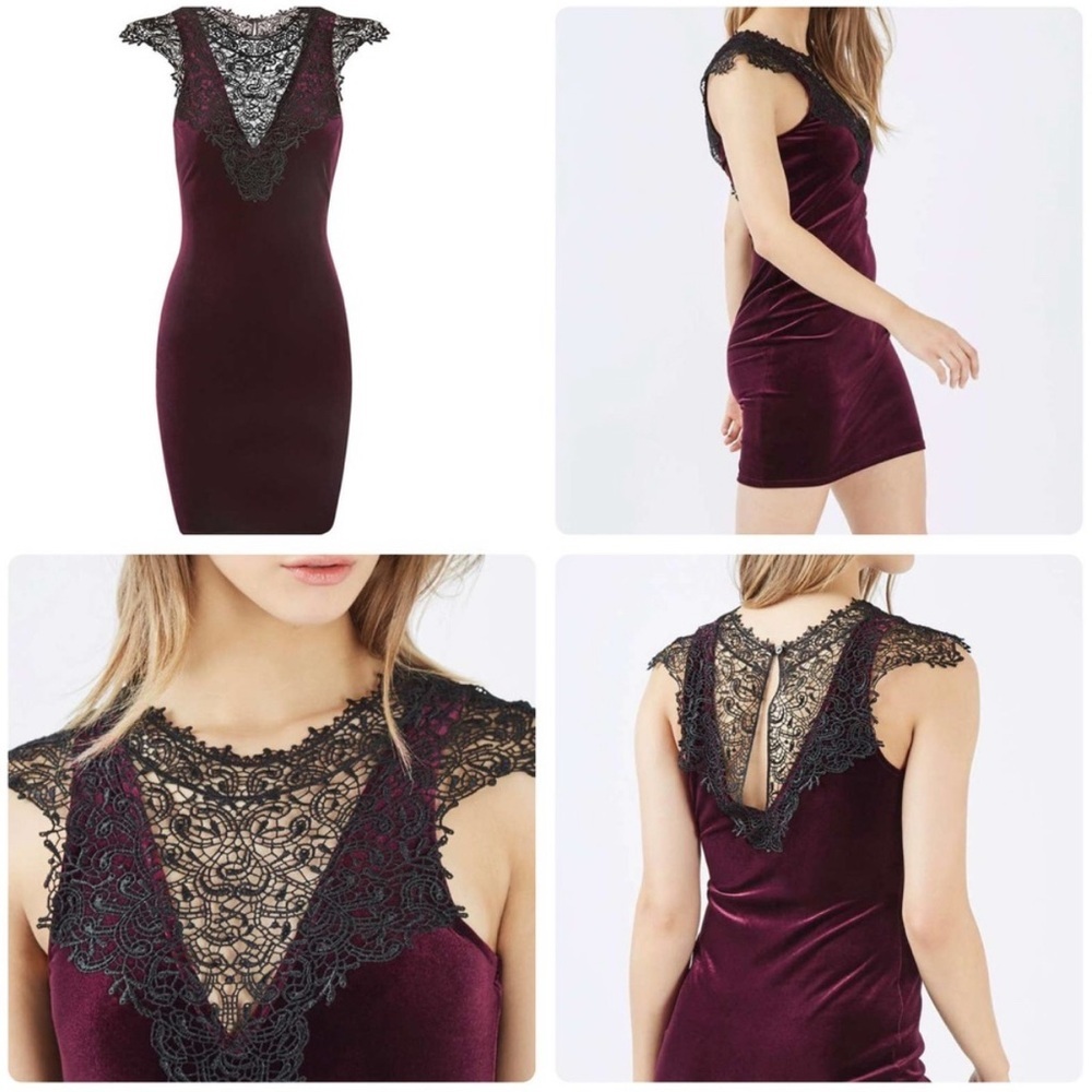 Topshop Burgundy Velvet Dress with Black Lace
